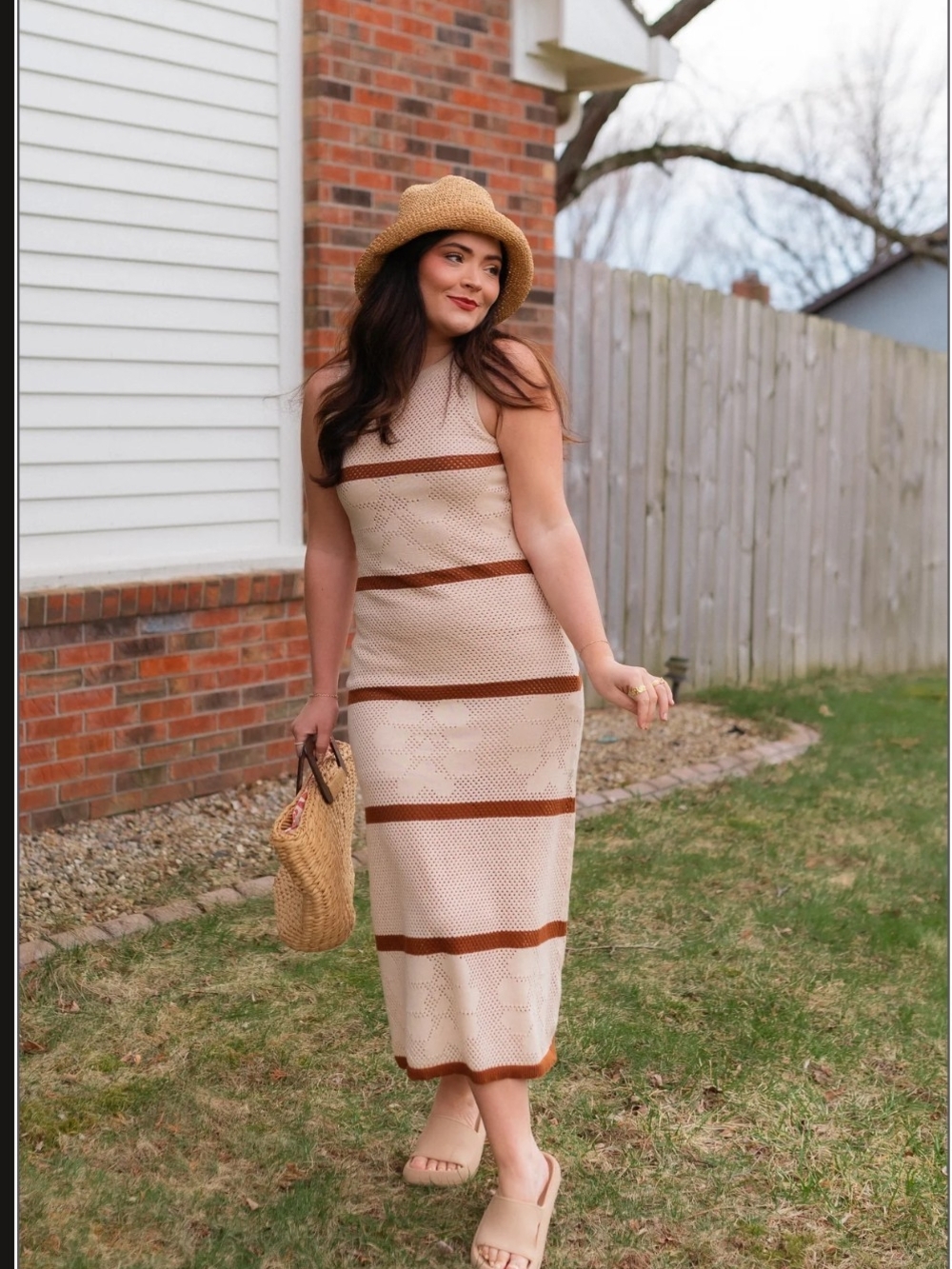 NEW Zesica Crochet Sleeveless Cream Maci Dress with Brown Stripes